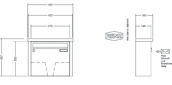 RENZ Briefkastenanlage Aufputz, Tetro, Edelstahl V4A, Kastenformat 370x330x145mm, 1-teilig